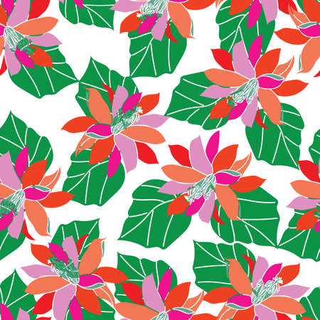 Seamless abstract vector lily and leaf pattern on white background.のイラスト素材
