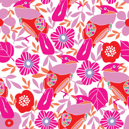 Seamless abstract vector hummingbird and floral pattern background.のイラスト素材