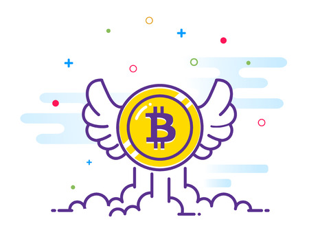 Bitcoin with wings flat illustration. Bitcoin icon flying in the sky. Crypto currency bit coin. Cryptocurrency emblem. Web and Internet money Vector illustration.のイラスト素材
