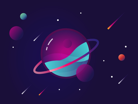 Vibrant colorful planet with stars and speeding comets. Outer space conceptual icon in modern flat material design styleのイラスト素材