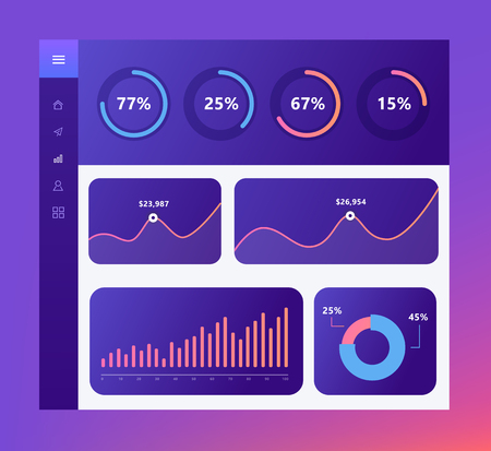 Infographic dashboard template with flat design graphs and charts, loading objects, chart pie. Information Graphics elements.のイラスト素材