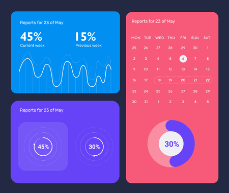 Minimalistic infographic template with flat design daily statistics graphs, dashboard, pie charts, multiple circle template with options for diagram, workflow, web design, UI elements. Vector EPS 10のイラスト素材
