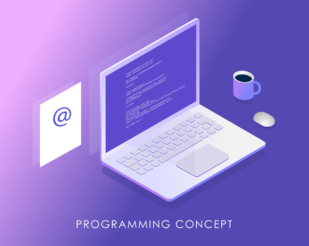 Software development and programming, program code on laptop screen, income letter and a cup of coffee. Big data processing, Isometric vector illustration.のイラスト素材