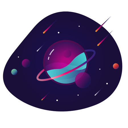 Vibrant colorful planet with stars and speeding comets. Outer space conceptual icon in modern flat material design styleのイラスト素材