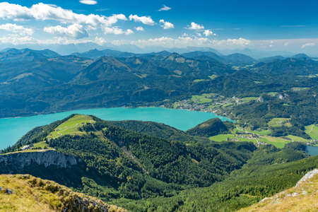 Scenic view from Schafberg over Lake Wolfgang and the mountains of Salzkammergutの写真素材