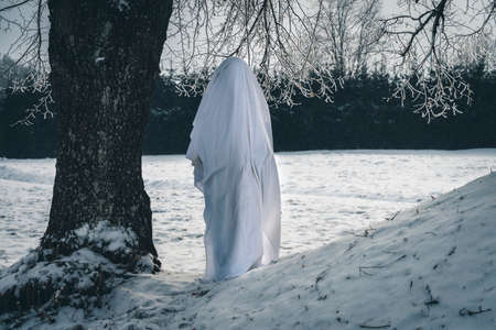 Ghost figure in the snow under a tree