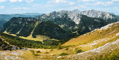 Scenic view of GesÃ¤use Mountain range and National Park in Styria, Austria. Shot from Lugauer summit facing Hochtor summit.の写真素材