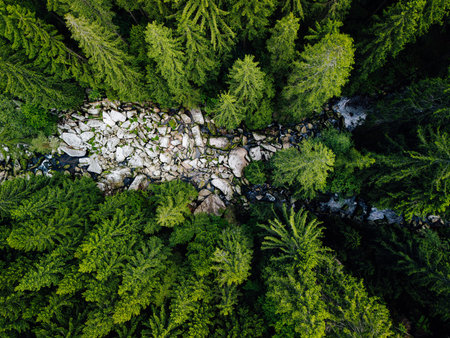 Aerial shot of granite boulders and the river Kamp in the Waldviertel region, Lower Austria. This scenic place is called SchÃ¼tt.の写真素材