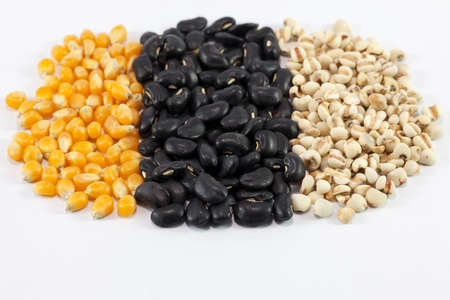 black beans,millet,corn on a white background.の写真素材