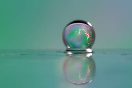 Abstract oil paint brush, Close up dew droplets on a blade of grass and pink flower reflectingの写真素材