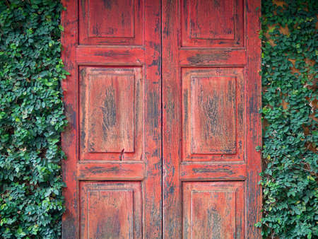 Rustic old wooden door hinge in rural style.