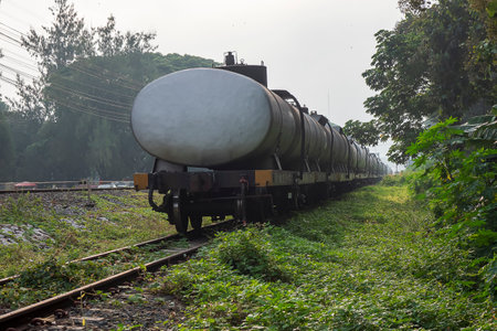old iron oil train on steel track in train station under sunlight, vintage train in asia thailand...