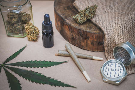 CBD medical marijuana and hemp leaves. Medical cannabis. Organic and natural hemp-based cosmetic and beauty products.の写真素材