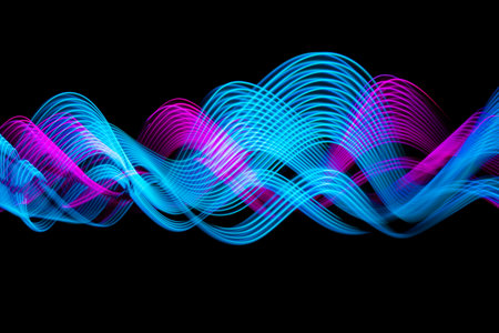 Abstract waves banner design. Technology neon blue and pink lines on black background.