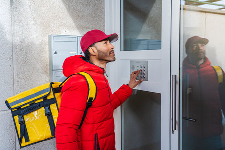African American food delivery worker in a doorway knocking at the doorbell of an apartment block.