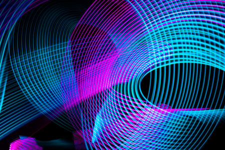 Abstract technology banner design. Digital neon lines on black background. Modern circuit texture.の写真素材