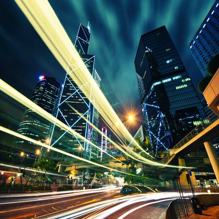 Hong Kong City center at night with light trailsの写真素材