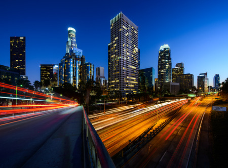 City of Los Angeles California at sunset with light trailsの写真素材