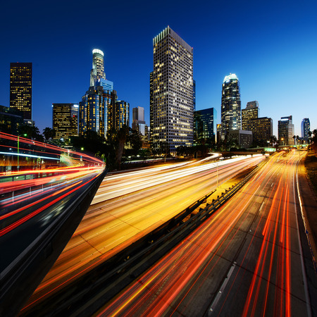 City of Los Angeles California at sunset with light trailsの写真素材