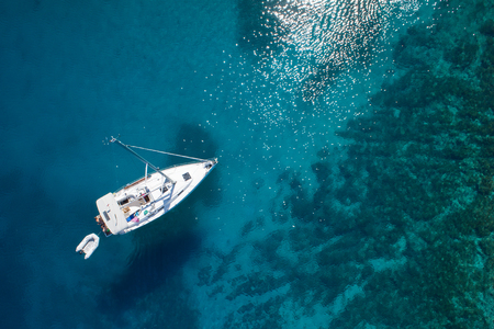 amazing view to boat, clear water - caribbean paradiseの写真素材