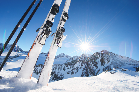 Ski equipment in high mountains in snow at winterの写真素材