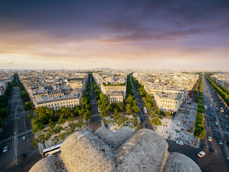 Paris Cityscape taken from Arc de Triomphe with streets, cars and buildings in the front.の写真素材