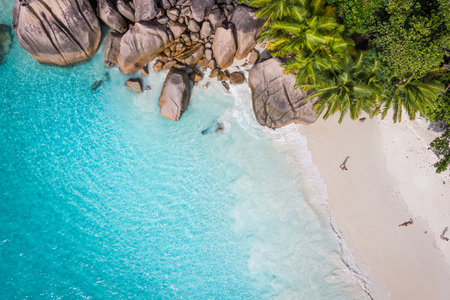 Tropical beach with sea and palm taken from drone. Seychelles famous shark beach - aerial photoの写真素材