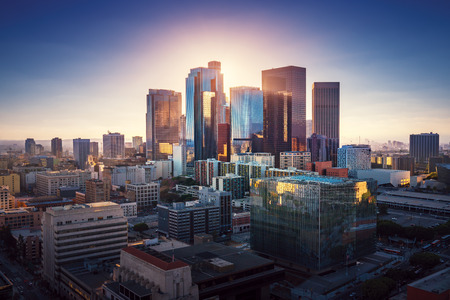 Sunset over Los Angeles downtown. Retro colors.の写真素材