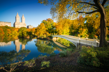 Famous Bow Bridge in New York City Central park with beautiful sunrise light over trees in fall.の写真素材