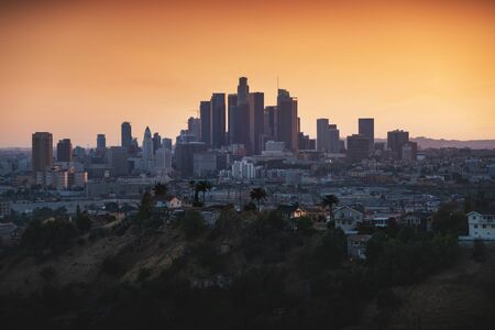 Los Angeles downtown silhouette at sunset. LAX most famous city of california. Typical view of the Los Angeles.の写真素材