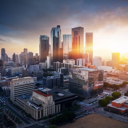 Los Angeles downtown silhouette at sunset. LAX most famous city of california. Typical view of the Los Angeles.の写真素材
