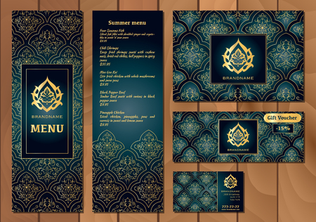 Vector illustration of a menu for a restaurant or cafe Arabian oriental cuisine, business cards and vouchers. Hand-drawn gold pattern on a dark background. Arabic flower.のイラスト素材
