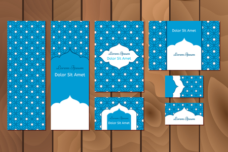 Business set or menu set with traditional arabic geometric pattern with stars. Abstract background. Indian, Arabic, Islam motifs. Brochure, menu or invitation cover and business card designs.のイラスト素材