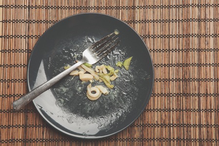 The empty dark plate after foodの写真素材