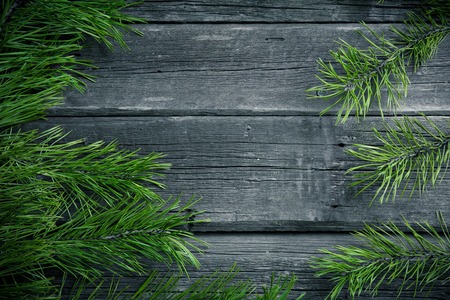 Green fir branches on an old wooden background,
