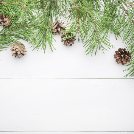 Christmas or New Year background with fir branches and cones flat lay, blank space for a greeting textの写真素材