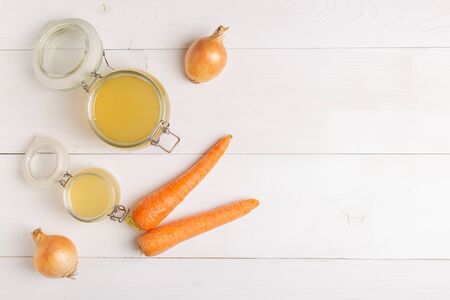 Homemade Bone broth in a glass jarsの写真素材