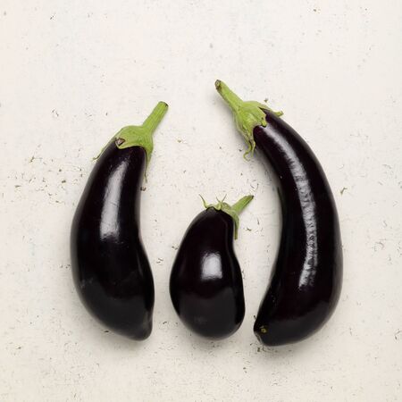 Fresh eggplant picked from garden on a white threadbare background. Vegetables. Top view.の写真素材