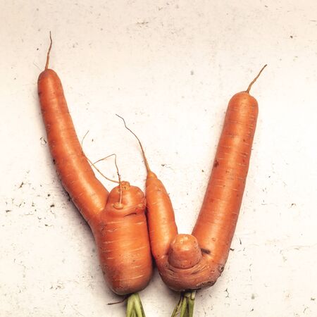 Funny ugly carrots on threadbare white surfaceの写真素材