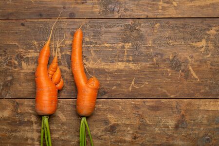 Ugly carrots on wooden background freshly picked from garden. Organic food concept. Top view with copy space.の写真素材
