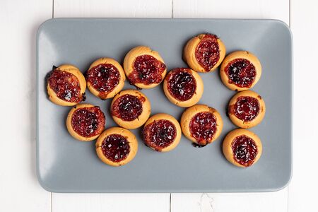 Sweet berry jelly cookies on grey plate. Top viewの写真素材
