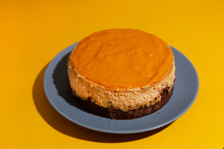 Mango and sea buckthorn home made cheesecake on yellow background.の写真素材
