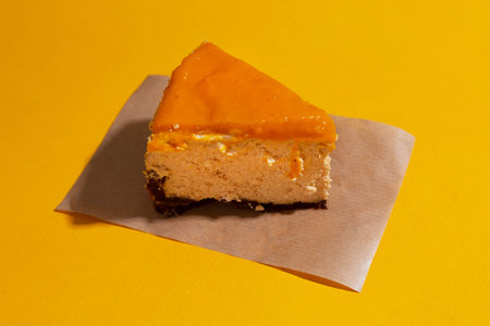 Mango cheesecake slice with sea buckthorn topping on an orange seamless backgroundの写真素材