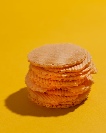 Healthy vegetable baked chips made from Wheat flour with tomato,yeast free on yellow backgound