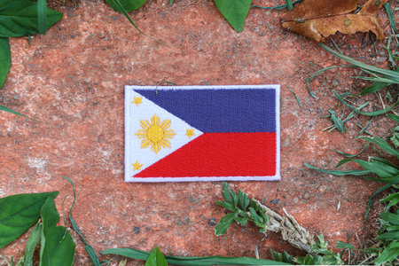 Top view of Philippines flag on natural stone with leaves.