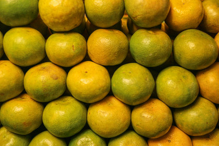 Wide shot of Thai honey tangerines with golden yellow and green peel, sweet tangy flavor, local street fruit neatly displayed.の写真素材