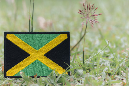 flag of Jamaica JAM flag made from colorful embroidery on green grass with tiny flowers. Natural calmness. Space for text on right.の写真素材