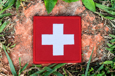 Swiss flag embroidered with fabric and thread, lying on ancient stone surrounded by green leaves.の写真素材