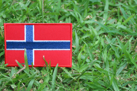 Fabric Norway flag on green grass. Natural background with space for text.の写真素材