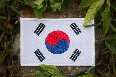 Embroidered South Korean flag on stone in forest path. Surrounded by grass and leaves with sunlight,...
